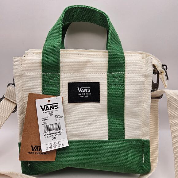 VANS LIL PERGS MINI TOTE BAG SMALL CROSSBODY PURSE CANVAS GREEN WHITE - Picture 2 of 8